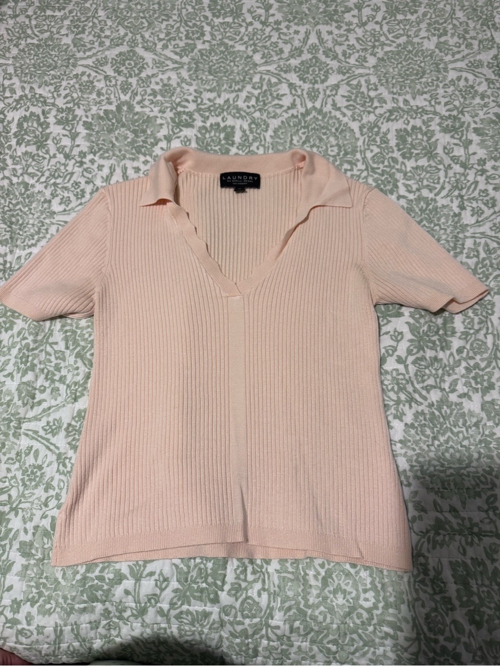 Laundry By Shelli Segal Blush Peach Ribbed Polo V-Neck Short Sleeve Top